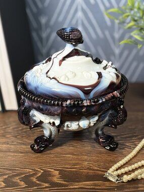 Vintage Westmoreland Argonaut Slag Glass Lidded Trinket Dish